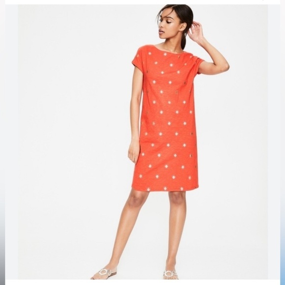 Boden Paulina t-shirt shift dress in orange with gold foil design. Size 10 - Picture 1 of 8